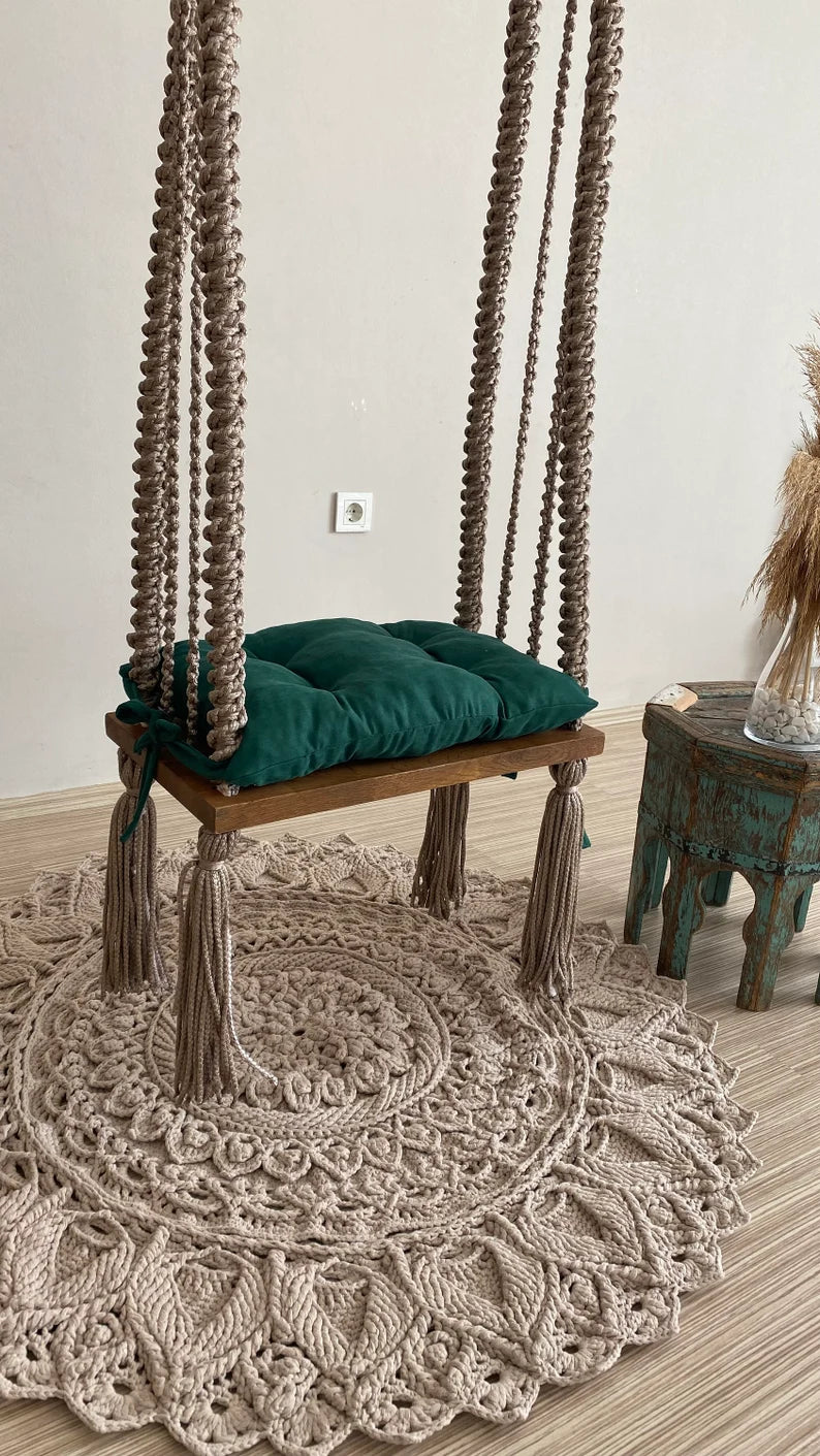 Macrame Swing With Wooden Base For Adults - Leechoo